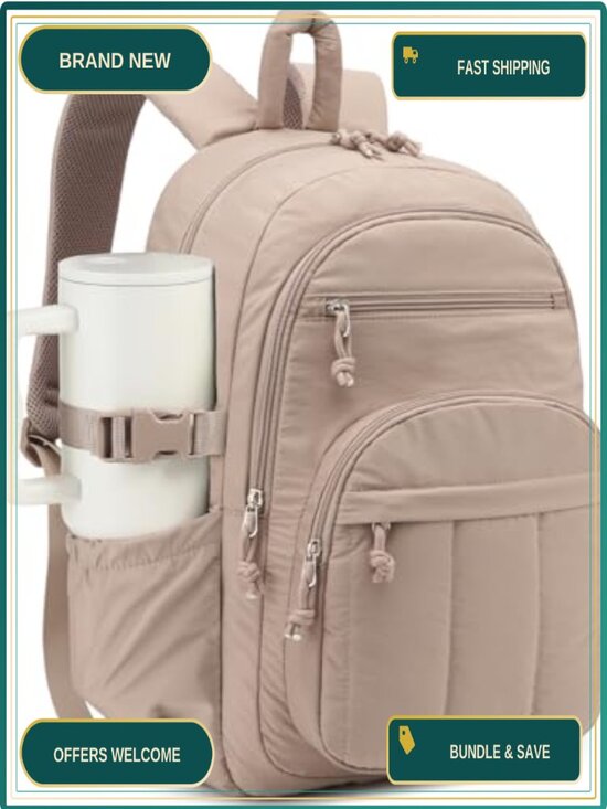 Quilted Laptop Backpack for Women, Puffer Bookbag with Pouch Pockets, Travel